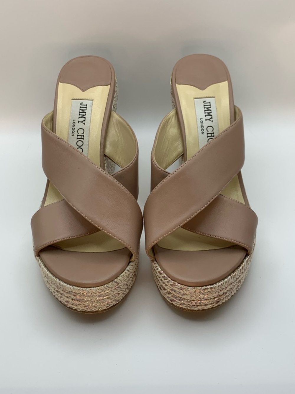 Authenticated Jimmy Choo Dovina 100 Pink Mix Leather Wedges Platform Heel 36.5